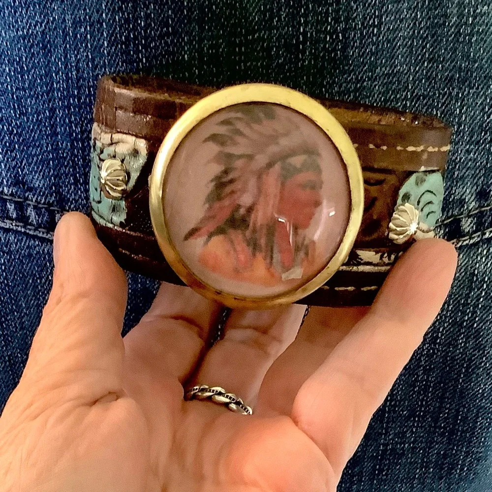 Tooled leather cuff, Indian motif, adjustable